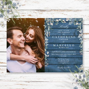 Blue Rustic Wood Floral Wildflowers Photo Wedding Invitation