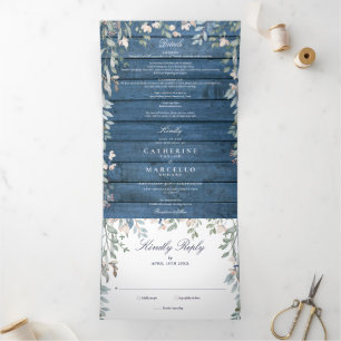 Blue Rustic Wood Floral Wildflowers Photo Wedding Tri-Fold Invitation