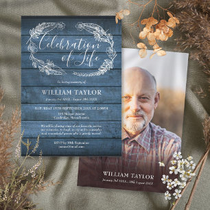 Blue Rustic Wood Funeral Celebration of Life Photo Invitation