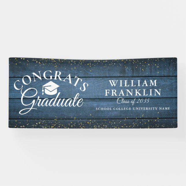 Blue Rustic Wood Gold Glitter Modern Graduation Banner (Horizontal)
