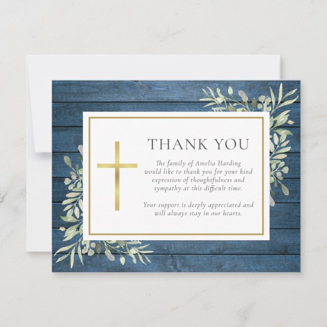 Blue Rustic Wood Greenery Christian Funerla Thank You Card (Front)