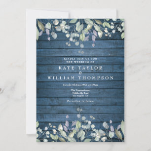 Blue Rustic Wood Greenery Floral Wedding Invitation