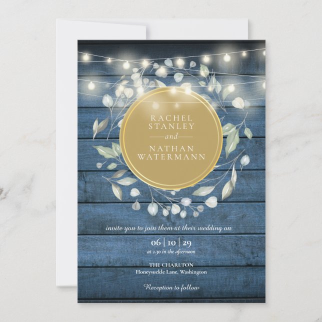 Blue Rustic Wood Greenery String Lights Wedding Invitation (Front)