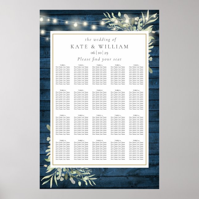 Blue Rustic Wood Greenery Wedding Seating Chart (Front)