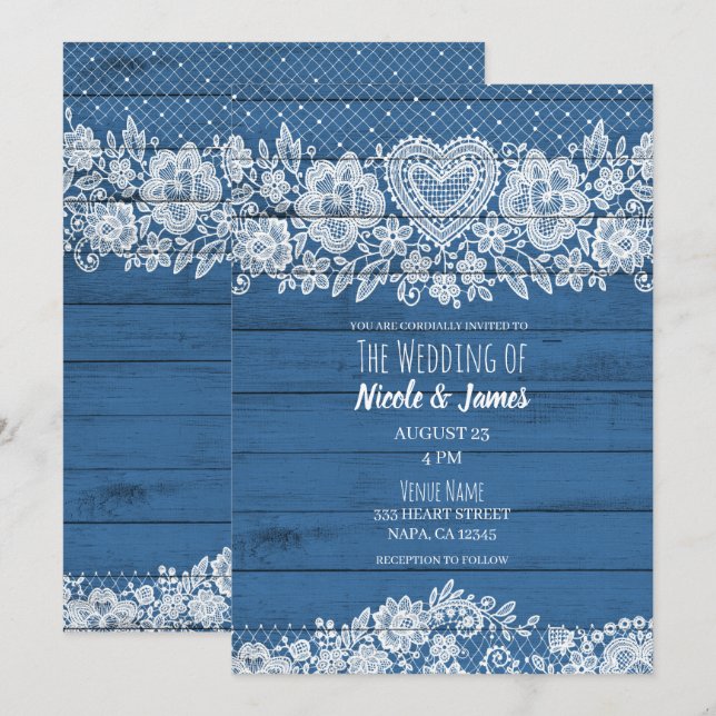 Blue Rustic Wood Lace Farmhouse Barn Wedding Invitation (Front/Back)
