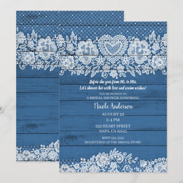 Blue Rustic Wood Lace Farmhouse Bridal Shower Invitation (Front/Back)