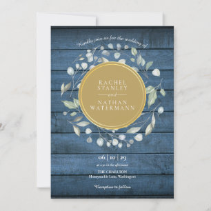 Blue Rustic Wood Laurel Garland Gold Wedding Invitation