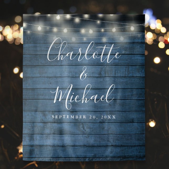 Blue Rustic Wood Lights Wedding Photo Backdrop Tapestry (Blue Rustic Wood Lights Wedding Photo Backdrop)