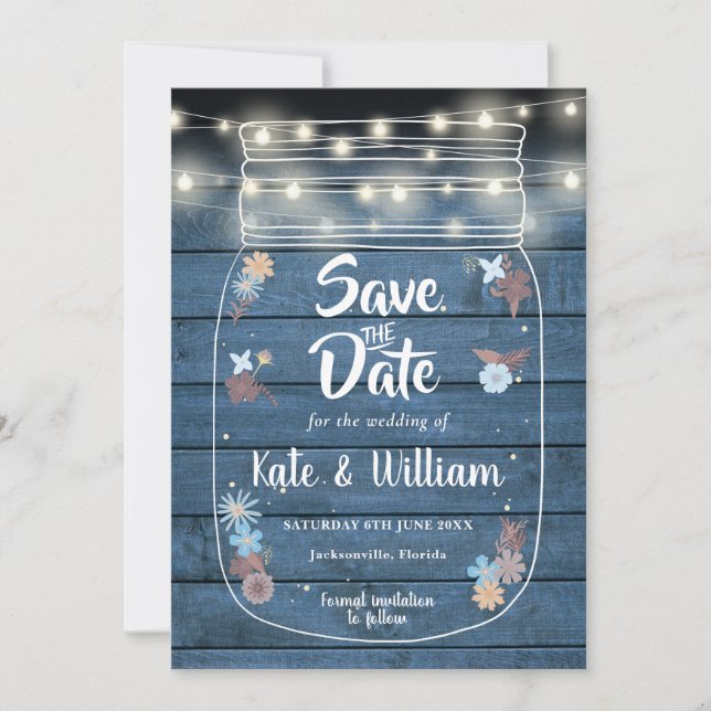 Blue Rustic Wood Mason Jar String Lights Floral Save The Date (Front)