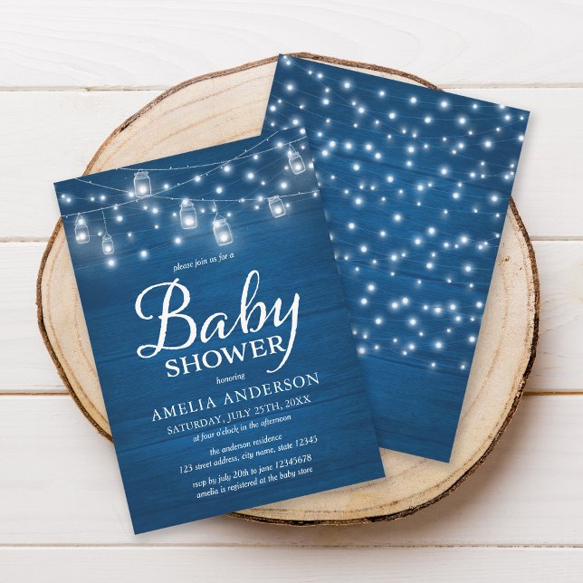 Blue Rustic Wood Mason Jars and Lights Baby Shower Invitation (Creator Uploaded)