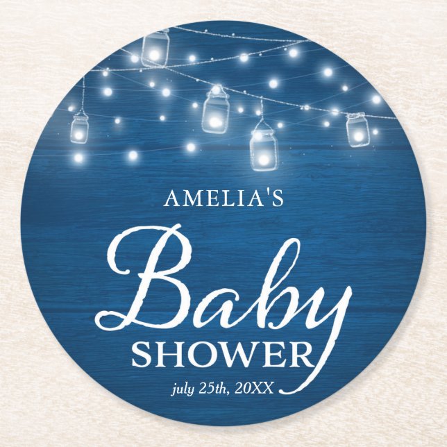 Blue Rustic Wood Mason Jars and Lights Baby Shower Round Paper Coaster (Front)