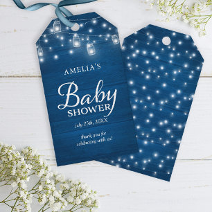 Blue Rustic Wood Mason Jars Lights Baby Shower Gift Tags