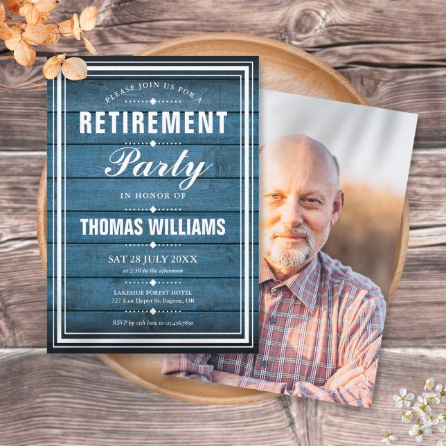 Blue Rustic Wood Panels Photo Retirement Party Invitation (Creator Uploaded)