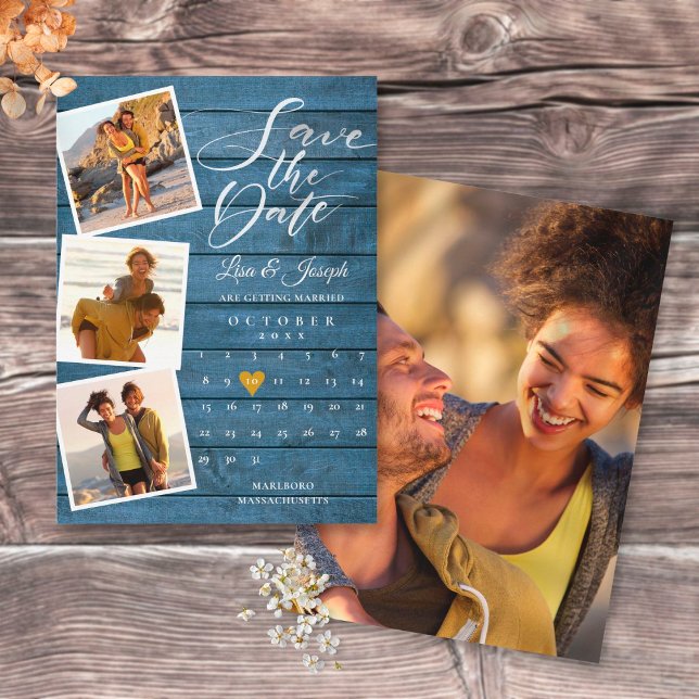 Blue Rustic Wood Photo Collage Calendar Wedding Save The Date (Creator Uploaded)