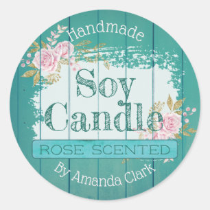 Blue Rustic Wood Pink Roses Soy Candle Labels