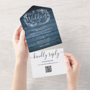 Blue Rustic Wood QR Code Monogram Floral Wedding All In One Invitation