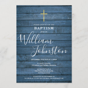 Blue Rustic Wood Script Baptism Christening Invitation