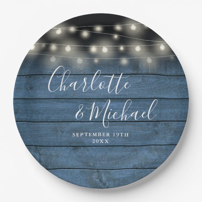 Blue Rustic Wood Signature Script Wedding Paper Plate (Front)