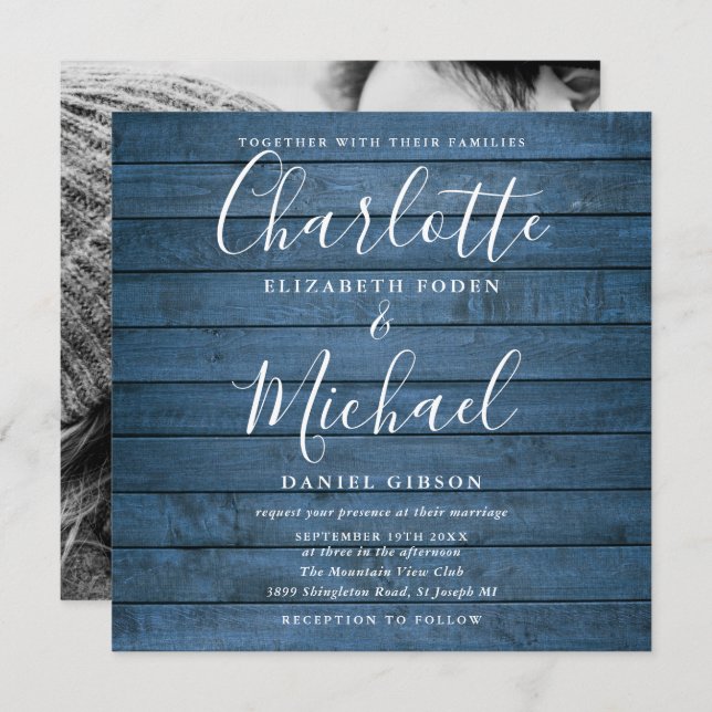 Blue Rustic Wood Signature Script Wedding Photo Invitation (Front/Back)