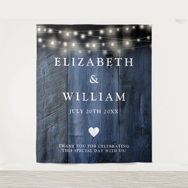 Blue Rustic Wood String Light Photo Booth Backdrop Tapestry (Front)