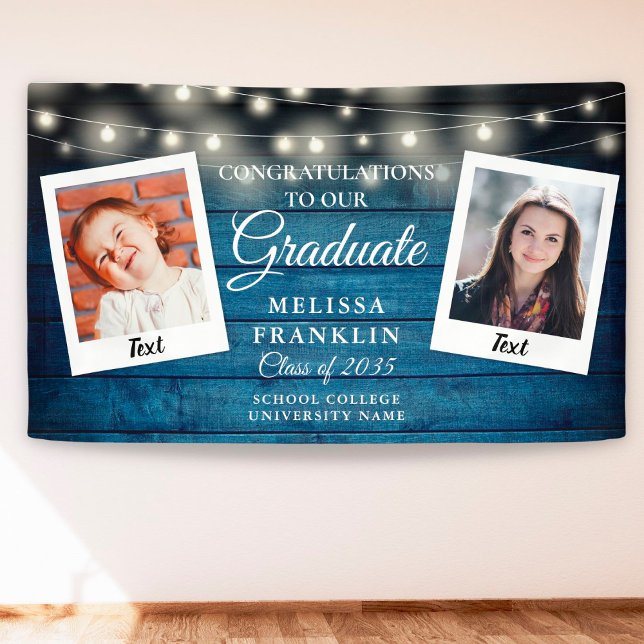 Blue Rustic Wood String Lights 2 Photo Graduation  Banner (Creator Uploaded)