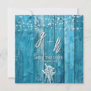 Blue Rustic Wood String Lights Chic Save the Dates