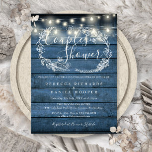 Blue Rustic Wood String Lights Couples Shower Invitation
