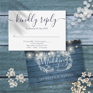 Blue Rustic Wood String Lights Floral Script RSVP Card
