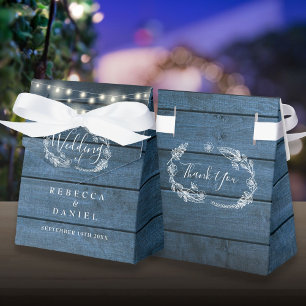 Blue Rustic Wood String Lights Floral Wedding Favour Box