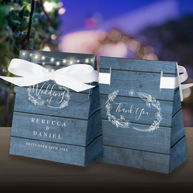 Blue Rustic Wood String Lights Floral Wedding Favour Box (Blue Rustic Wood String Lights Floral Wedding Favor Box)