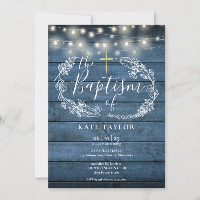 Blue Rustic Wood String Lights Foliage Baptism Invitation (Front)