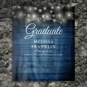 Blue Rustic Wood String Lights Graduation Backdrop Tapestry
