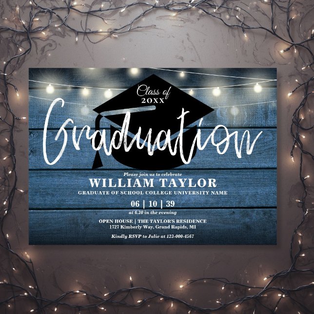 Blue Rustic Wood String Lights Graduation Party Invitation (Blue Rustic Wood String Lights Graduation Party Invitation)