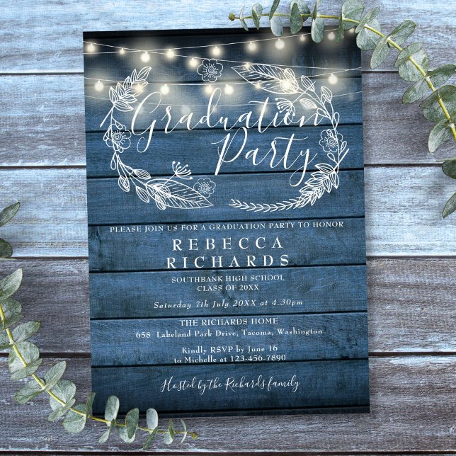 Blue Rustic Wood String Lights Graduation Party Invitation (Blue Rustic Wood String Lights Graduation Party Invitation)