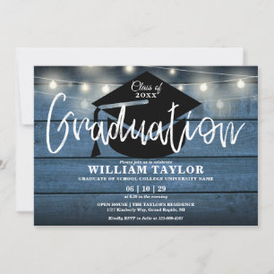 Blue Rustic Wood String Lights Graduation Party Invitation