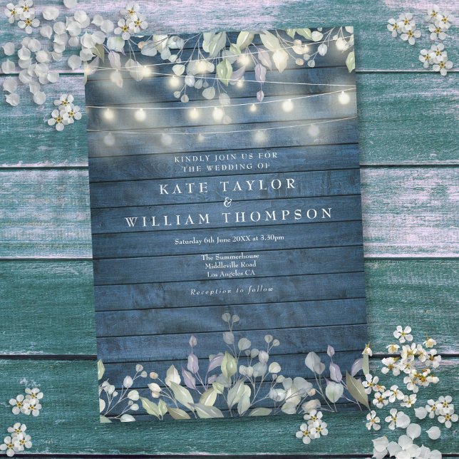 Blue Rustic Wood String Lights Greenery Wedding Invitation (Blue Rustic Wood String Lights Greenery Wedding Invitation)
