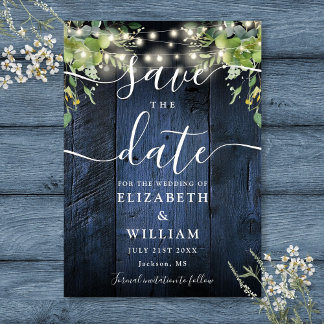 Blue Rustic Wood String Lights Greenery Wedding  Save The Date