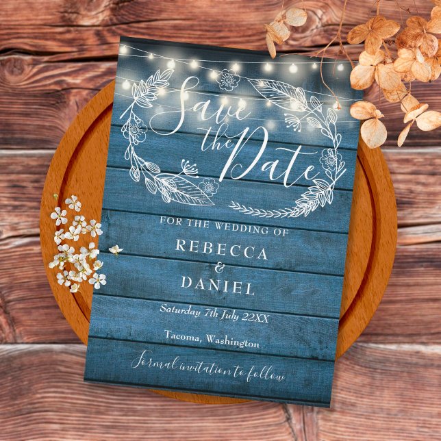 Blue Rustic Wood String Lights Hand-drawn Floral Save The Date (Creator Uploaded)