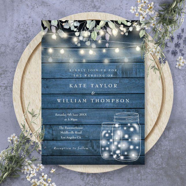 Blue Rustic Wood String Lights Mason Jar Wedding Invitation (Blue Rustic Wood String Lights Mason Jar Wedding Invitation
)