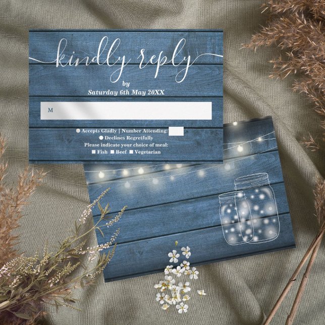 Blue Rustic Wood String Lights Mason Jars RSVP Card (Creator Uploaded)