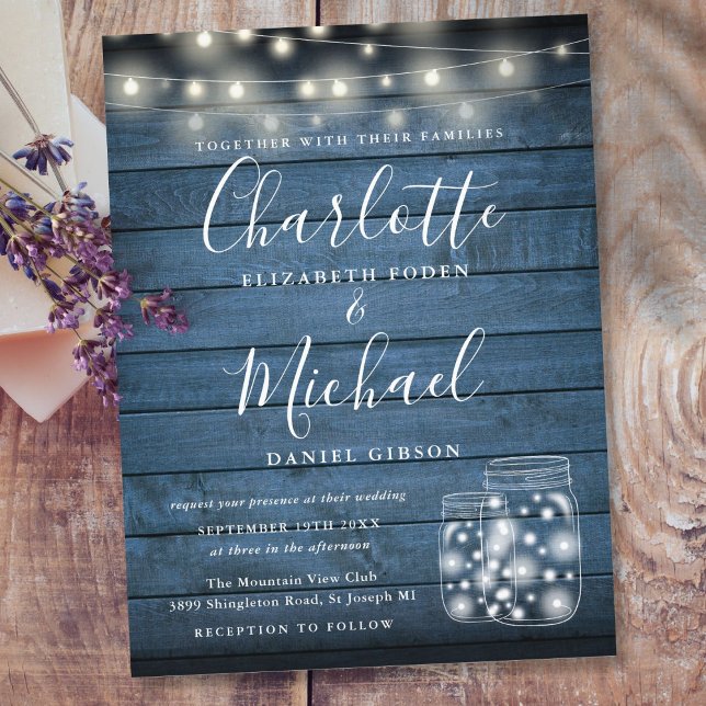 Blue Rustic Wood String Lights Mason Jars Wedding  Invitation Postcard (Creator Uploaded)