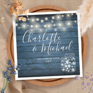 Blue Rustic Wood String Lights Mason Jars Wedding Napkin