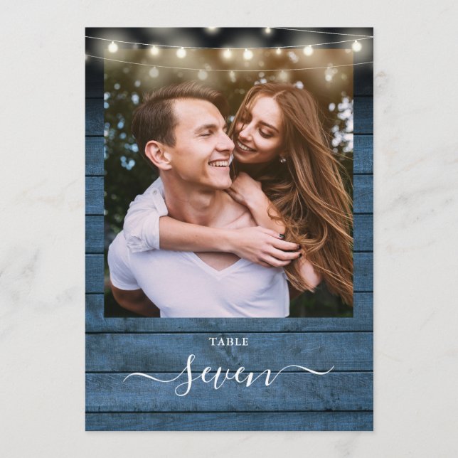 Blue Rustic Wood String Lights Photo Table Number (Front)