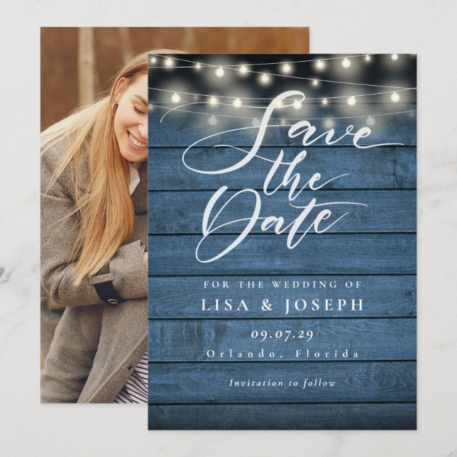 Blue Rustic Wood String Lights Photo Wedding Save The Date (Front/Back)