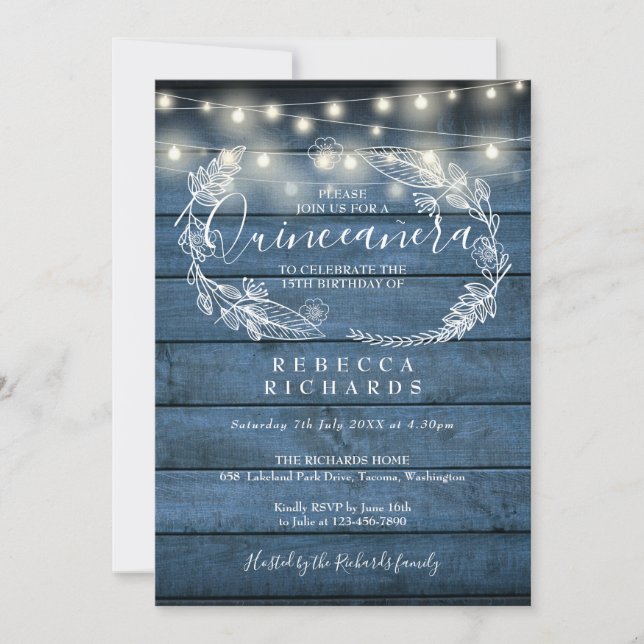 Blue Rustic Wood String Lights Quinceañera 15th Invitation (Front)