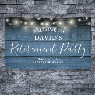 Blue Rustic Wood String Lights Retirement Party Banner