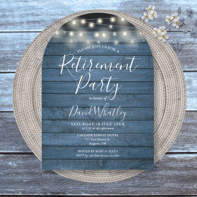 Blue Rustic Wood String Lights Retirement Party Invitation (Blue Rustic Wood String Lights Retirement Party Invitation)