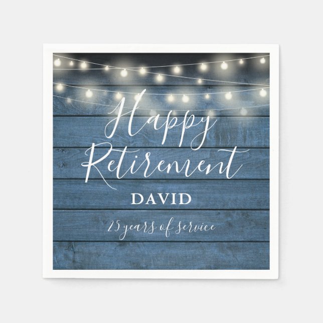 Blue Rustic Wood String Lights Retirement Party Napkin (Front)