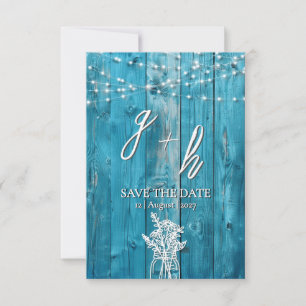 Blue Rustic Wood String Lights Save the Dates Save The Date