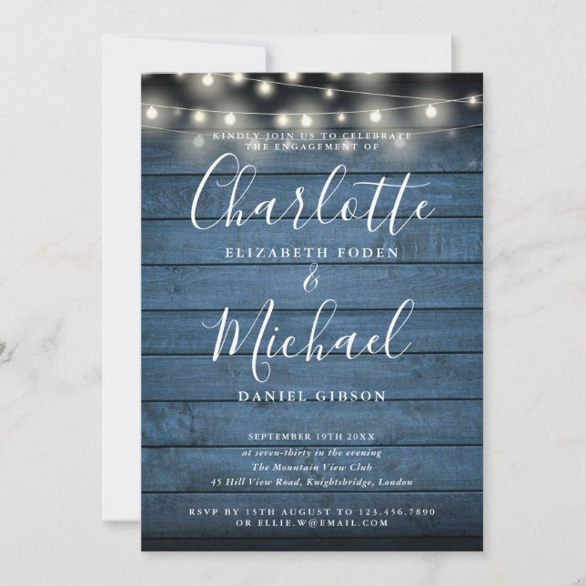 Blue Rustic Wood  String Lights Script Engagement  Invitation (Front)